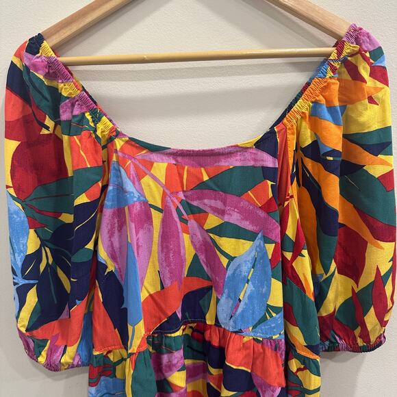 Terra & Sky Multicolor Tropical Leaf Tiered Peasant Blouse Resort Wear Dopamine - Picture 4 of 9